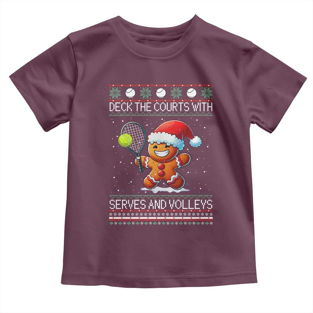 Funny Tennis Ugly Christmas Gingerbread Player Gift Toddler T Shirt Deck The Courts With Serves And Volleys - Wonder Print Shop