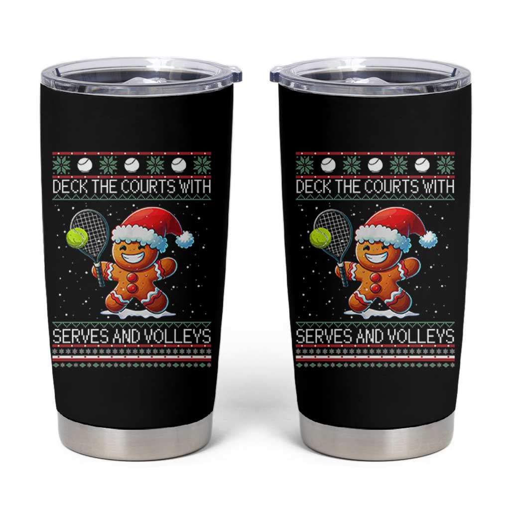 Funny Tennis Ugly Christmas Gingerbread Player Gift Tumbler Cup Deck The Courts With Serves And Volleys - Wonder Print Shop