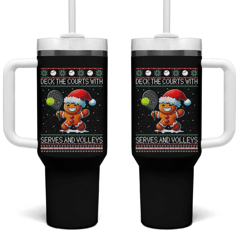 Funny Tennis Ugly Christmas Gingerbread Player Gift Tumbler With Handle Deck The Courts With Serves And Volleys - Wonder Print Shop
