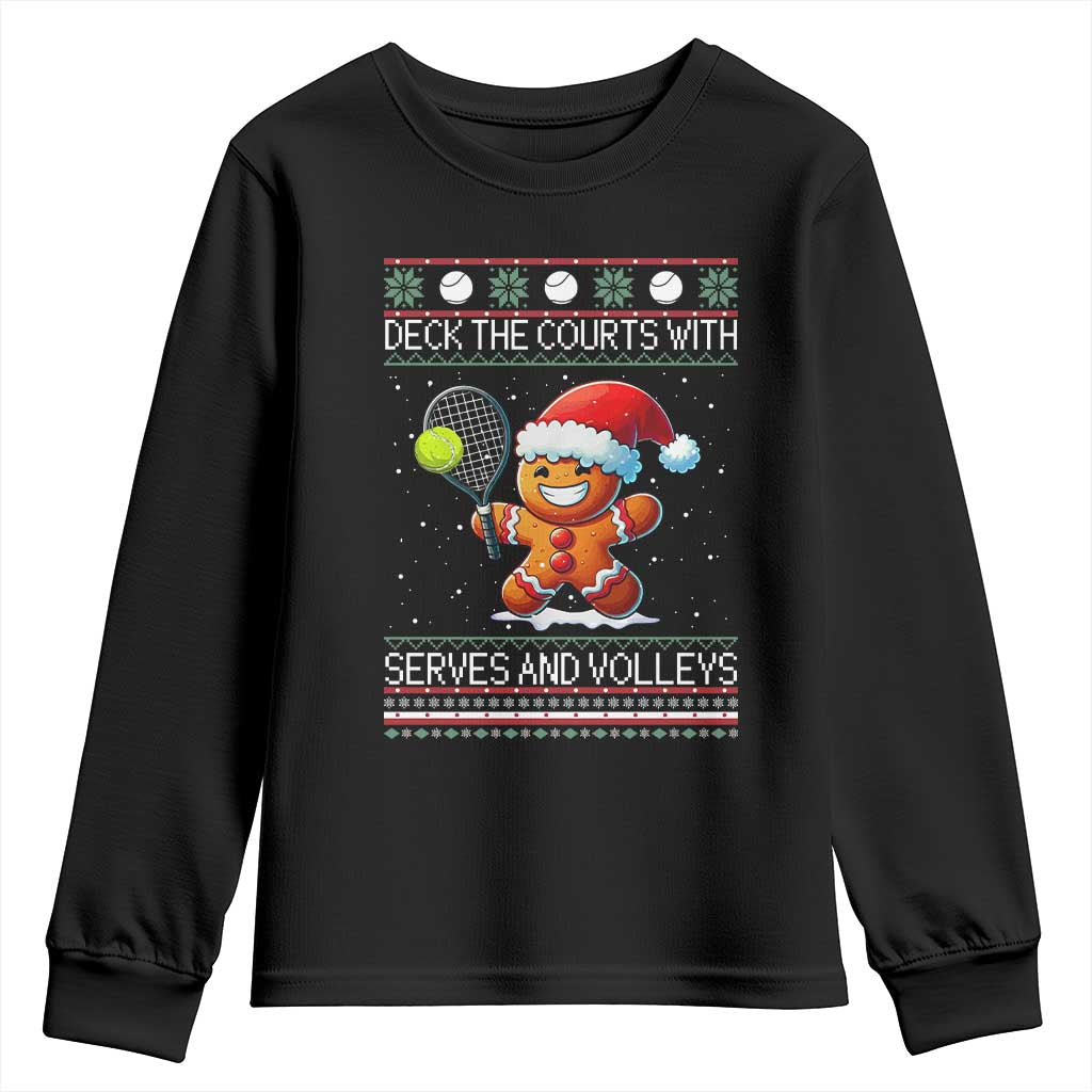 Funny Tennis Ugly Christmas Gingerbread Player Gift Youth Sweatshirt Deck The Courts With Serves And Volleys - Wonder Print Shop