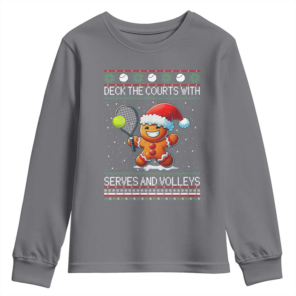 Funny Tennis Ugly Christmas Gingerbread Player Gift Youth Sweatshirt Deck The Courts With Serves And Volleys - Wonder Print Shop