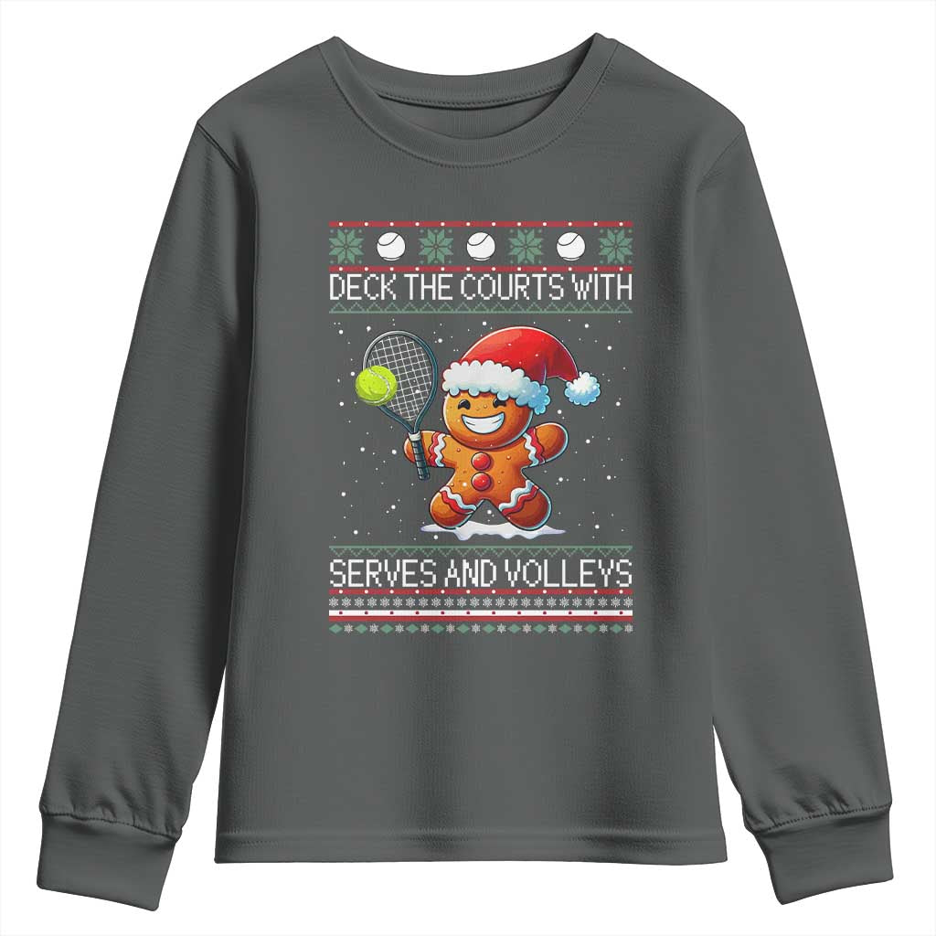Funny Tennis Ugly Christmas Gingerbread Player Gift Youth Sweatshirt Deck The Courts With Serves And Volleys - Wonder Print Shop