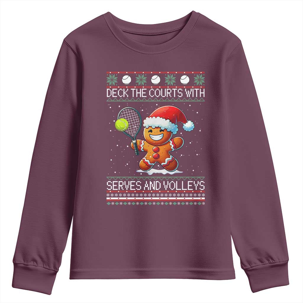 Funny Tennis Ugly Christmas Gingerbread Player Gift Youth Sweatshirt Deck The Courts With Serves And Volleys - Wonder Print Shop