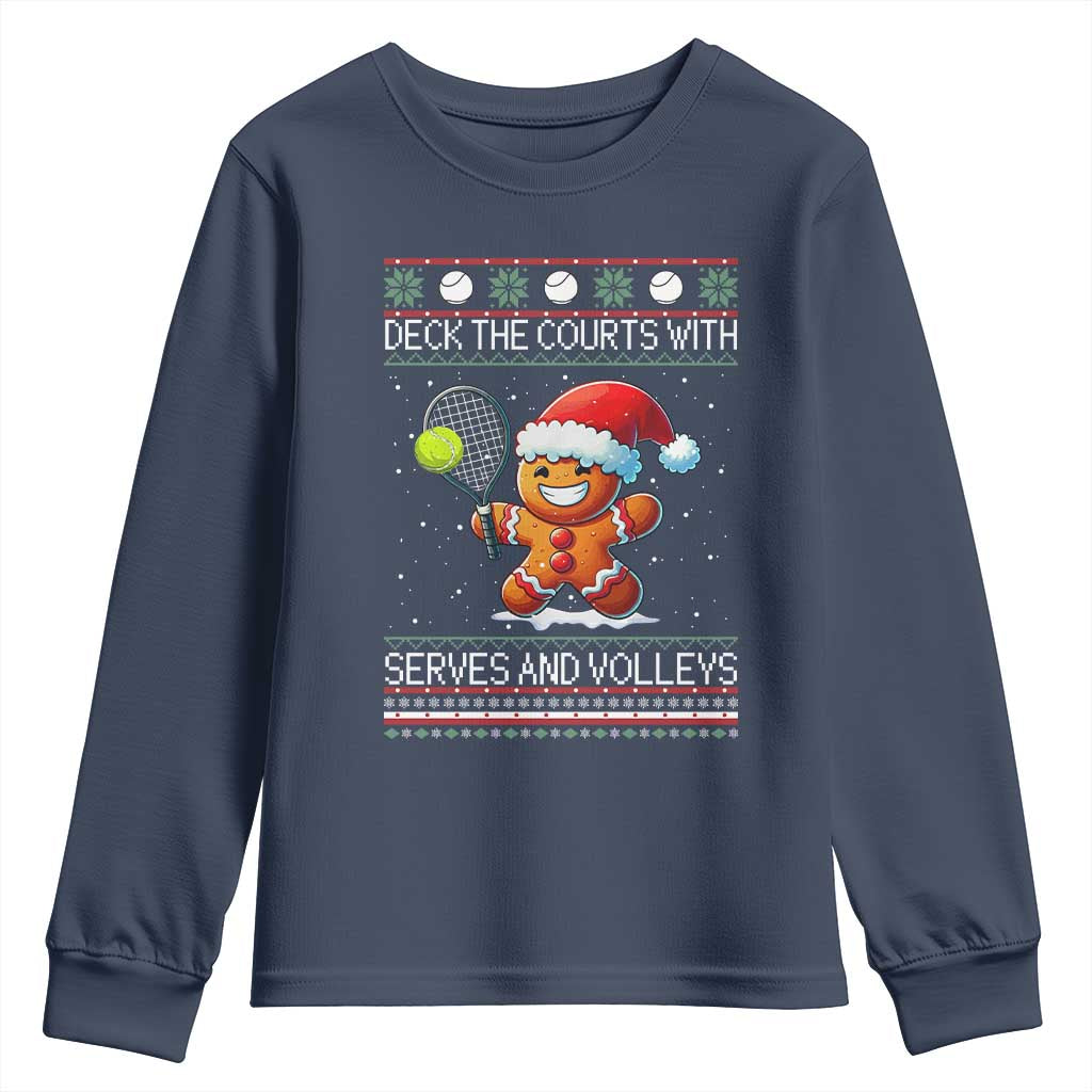 Funny Tennis Ugly Christmas Gingerbread Player Gift Youth Sweatshirt Deck The Courts With Serves And Volleys - Wonder Print Shop