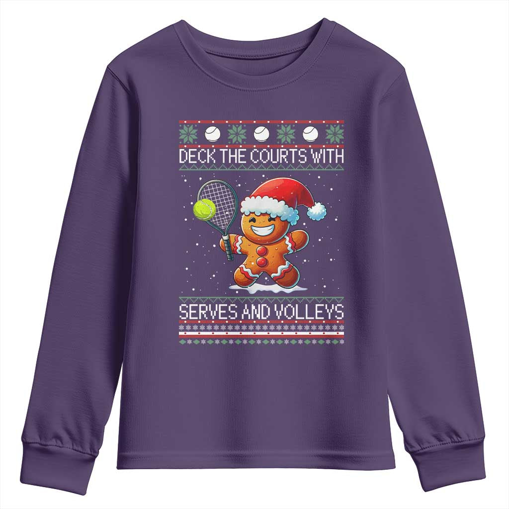 Funny Tennis Ugly Christmas Gingerbread Player Gift Youth Sweatshirt Deck The Courts With Serves And Volleys - Wonder Print Shop