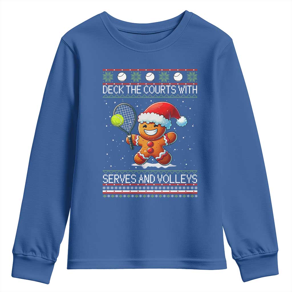 Funny Tennis Ugly Christmas Gingerbread Player Gift Youth Sweatshirt Deck The Courts With Serves And Volleys - Wonder Print Shop