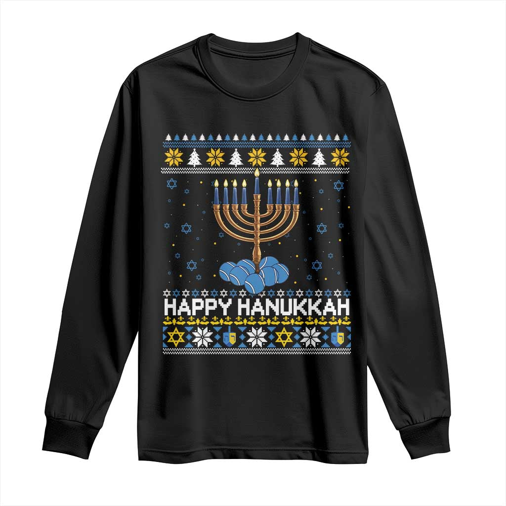 Funny Happy Hanukkah Ugly Sweater Tennis Lover Gift Long Sleeve Shirt - Wonder Print Shop