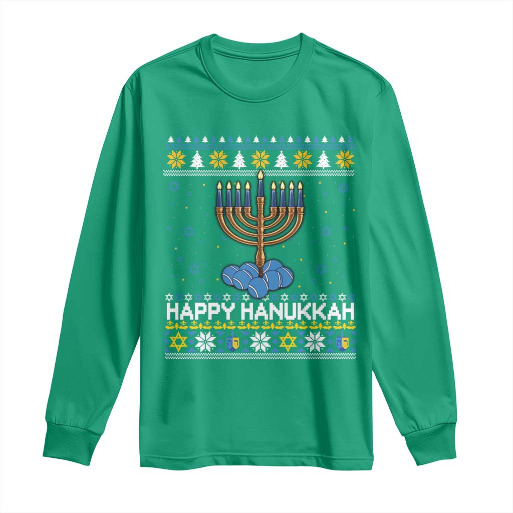 Funny Happy Hanukkah Ugly Sweater Tennis Lover Gift Long Sleeve Shirt - Wonder Print Shop