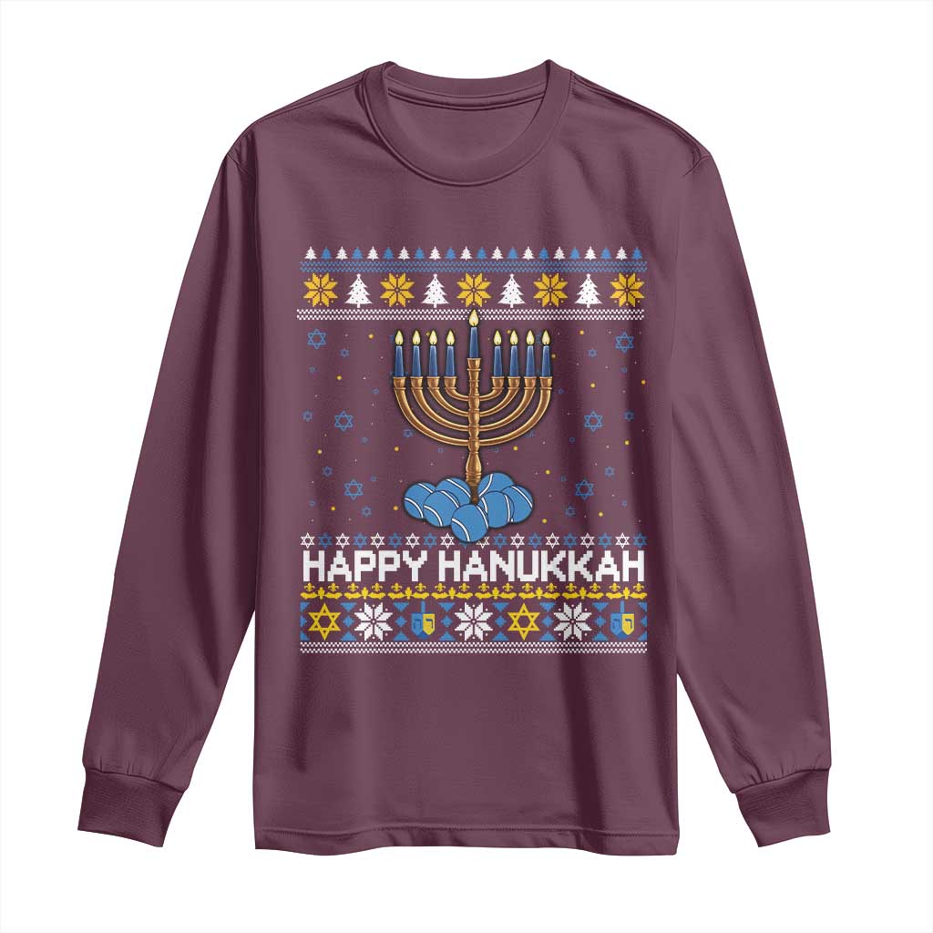 Funny Happy Hanukkah Ugly Sweater Tennis Lover Gift Long Sleeve Shirt - Wonder Print Shop
