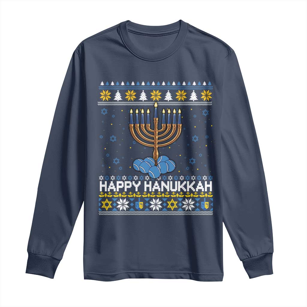 Funny Happy Hanukkah Ugly Sweater Tennis Lover Gift Long Sleeve Shirt - Wonder Print Shop