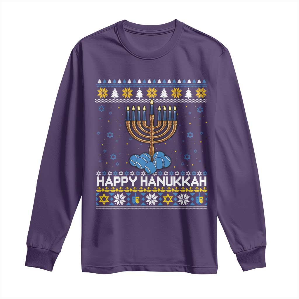 Funny Happy Hanukkah Ugly Sweater Tennis Lover Gift Long Sleeve Shirt - Wonder Print Shop