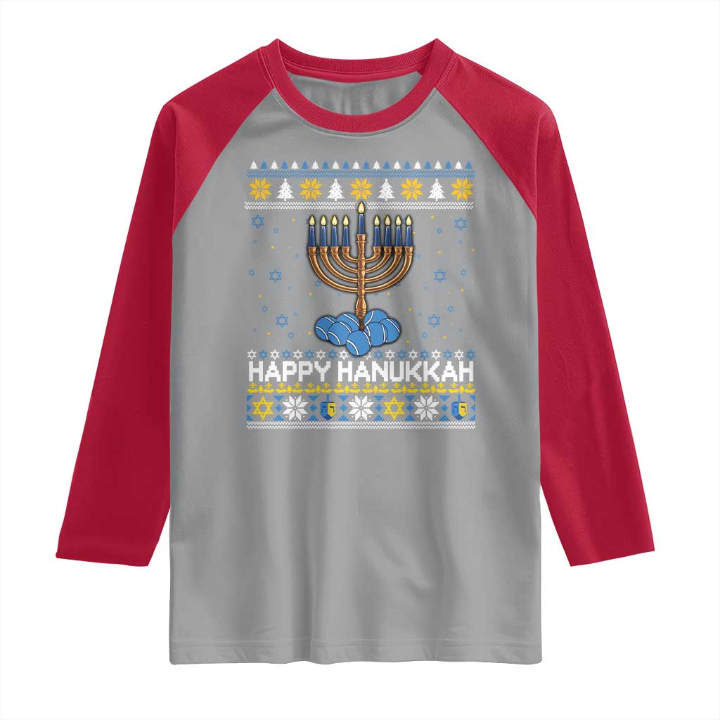 Funny Happy Hanukkah Ugly Sweater Tennis Lover Gift Raglan Shirt - Wonder Print Shop