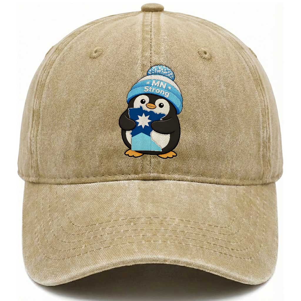 MN Strong Cute Penguin Washed Cotton Baseball Cap Minnesota State Pride Gift