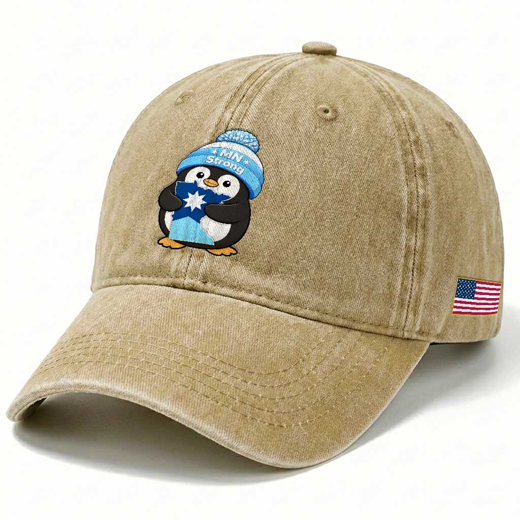 MN Strong Cute Penguin Washed Cotton Baseball Cap Minnesota State Pride Gift