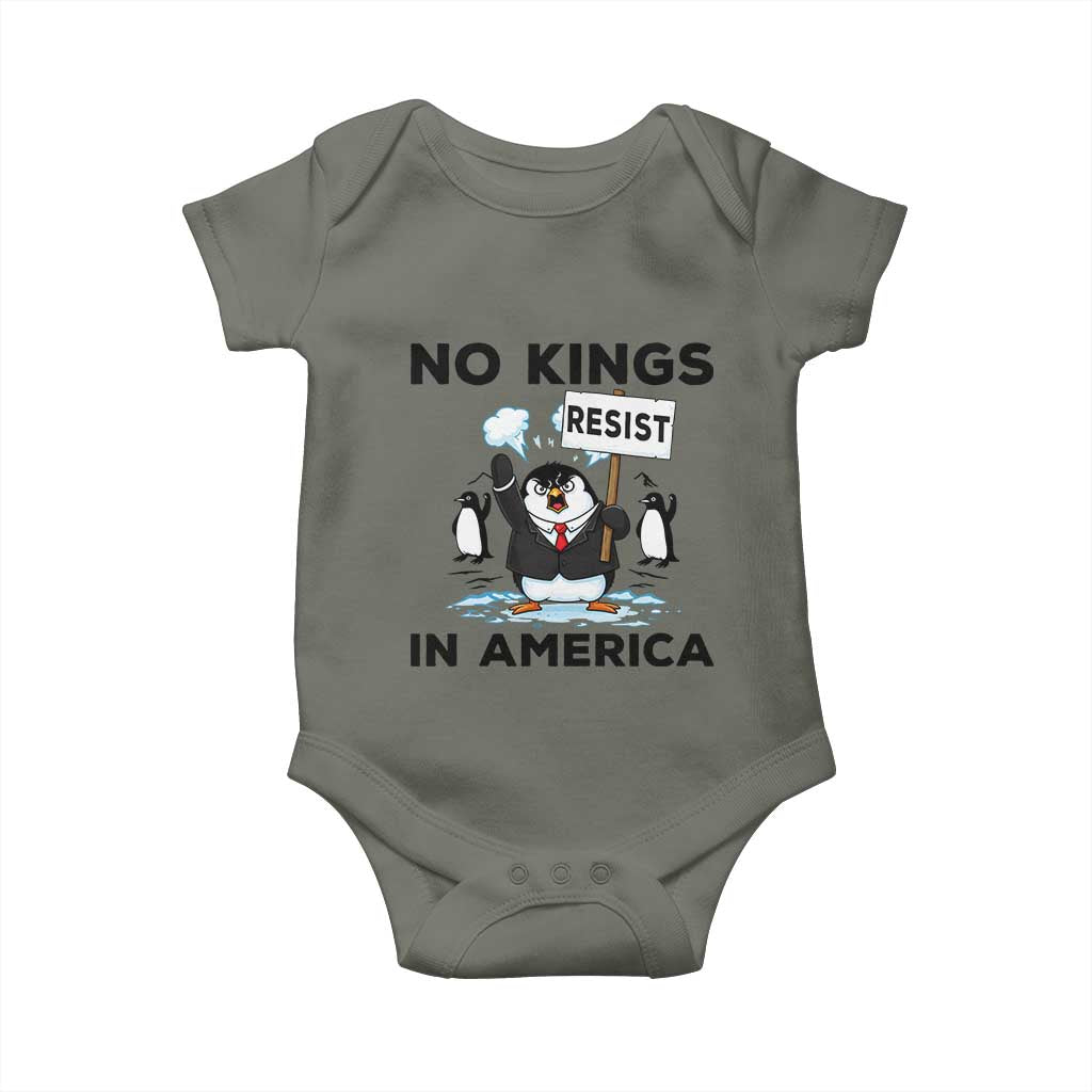 Funny Penguin Protest Baby Onesie No Kings In America