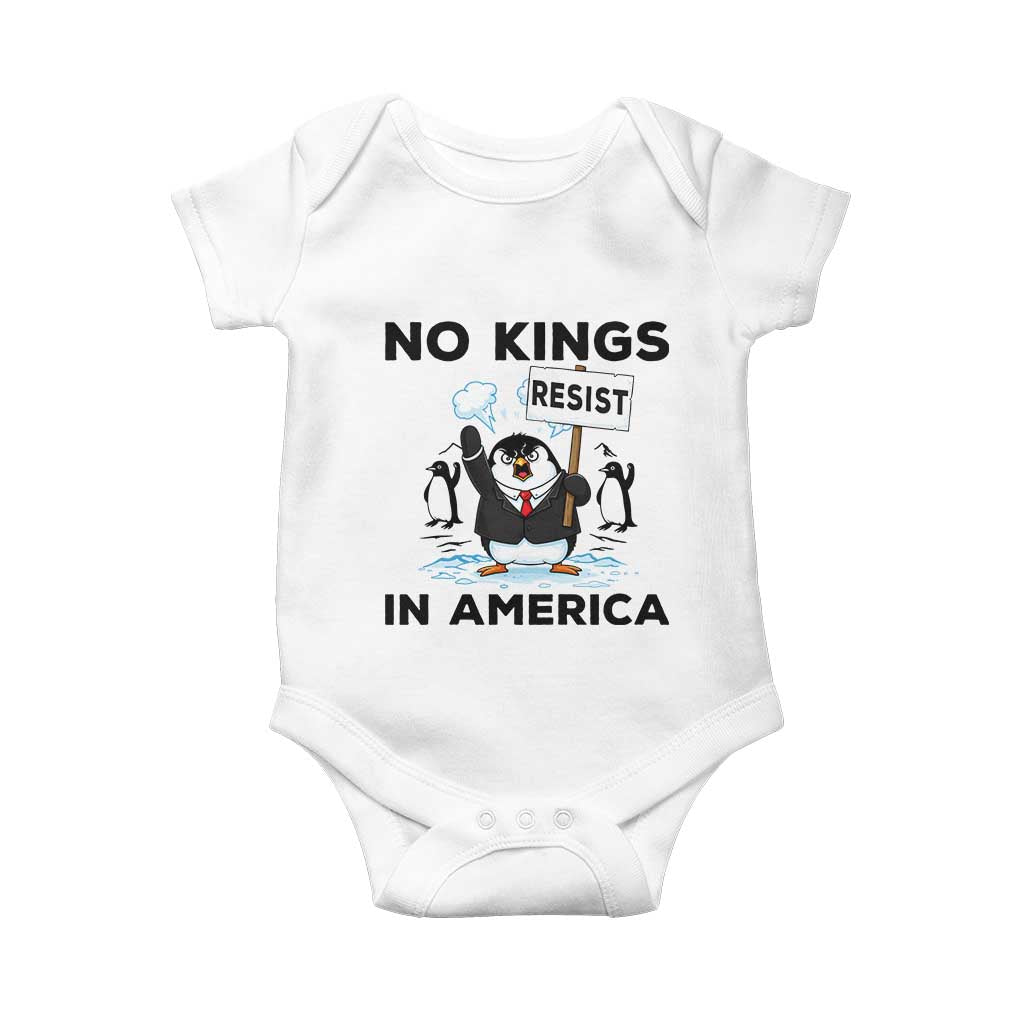 Funny Penguin Protest Baby Onesie No Kings In America