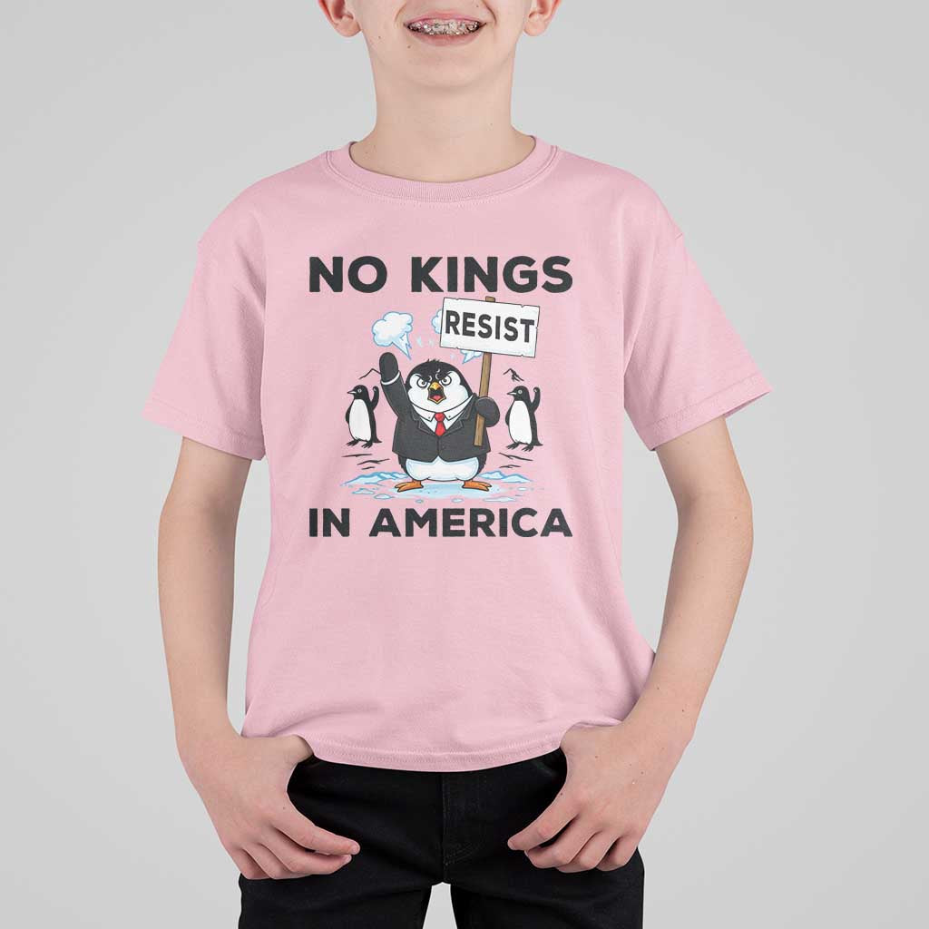Funny Penguin Protest T Shirt For Kid No Kings In America