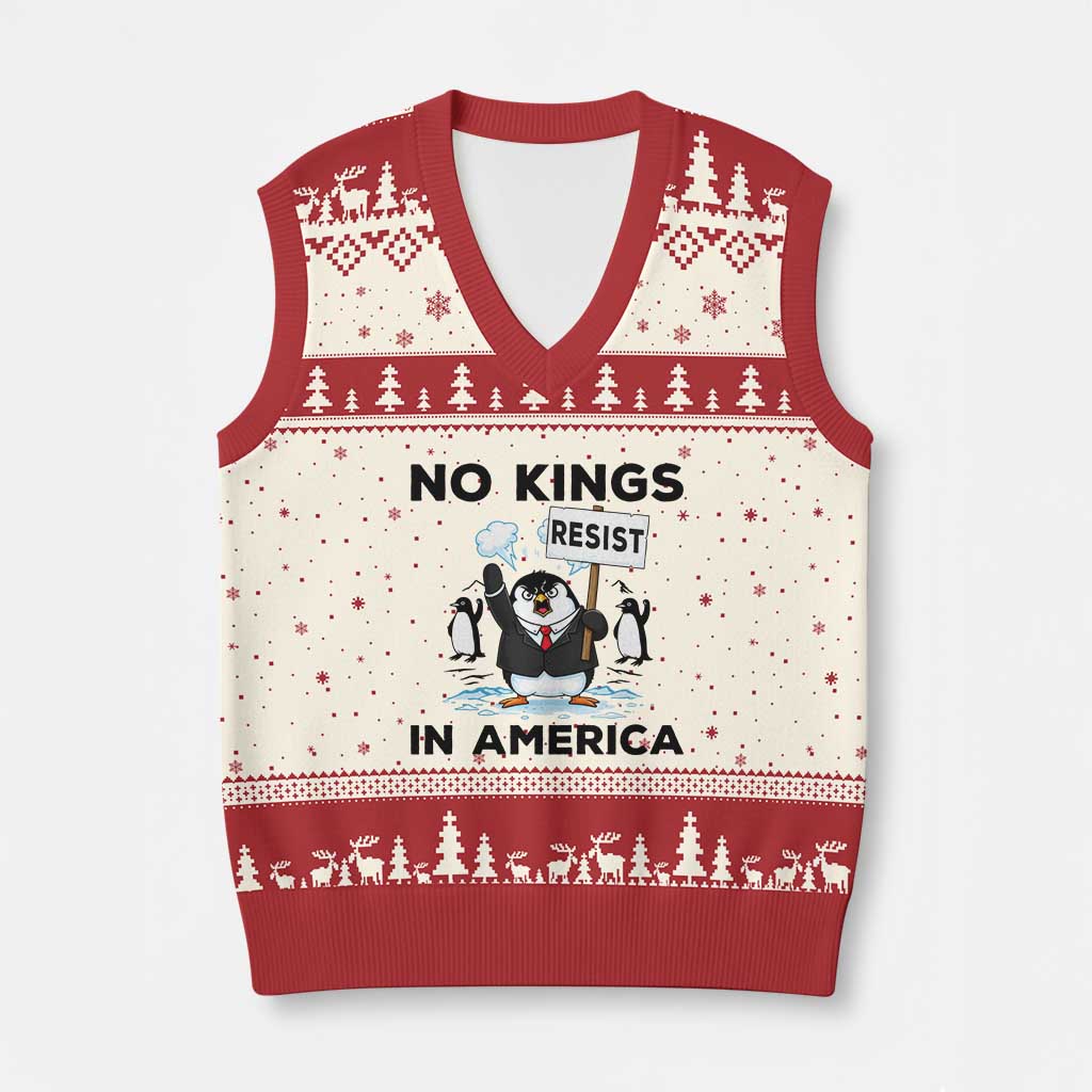Funny Penguin Protest V-Neck Knit Sweater Vest No Kings In America