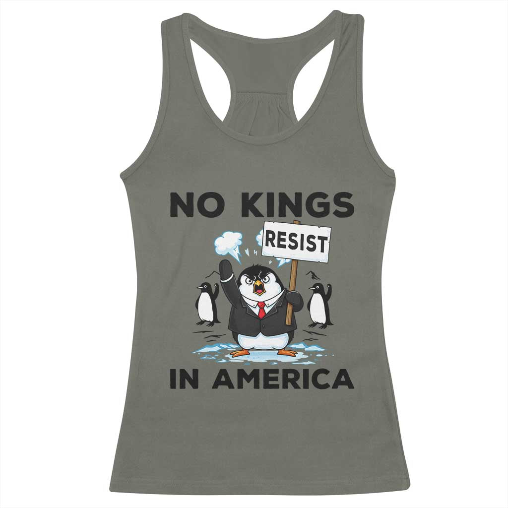 Funny Penguin Protest Racerback Tank Top No Kings In America