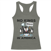 Funny Penguin Protest Racerback Tank Top No Kings In America