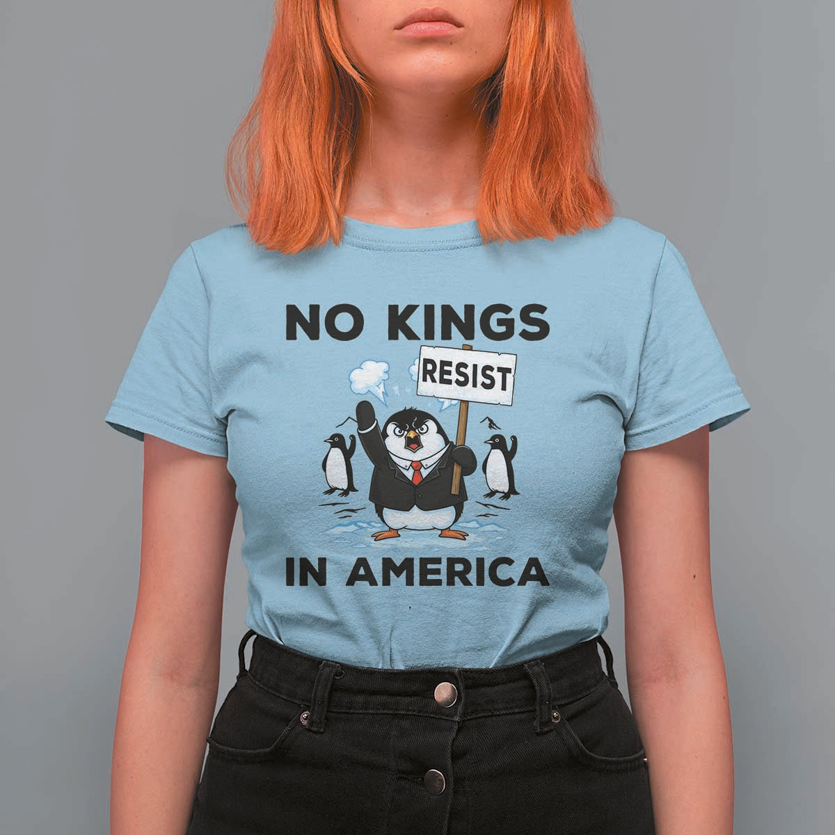 Funny Penguin Protest T Shirt For Women No Kings In America