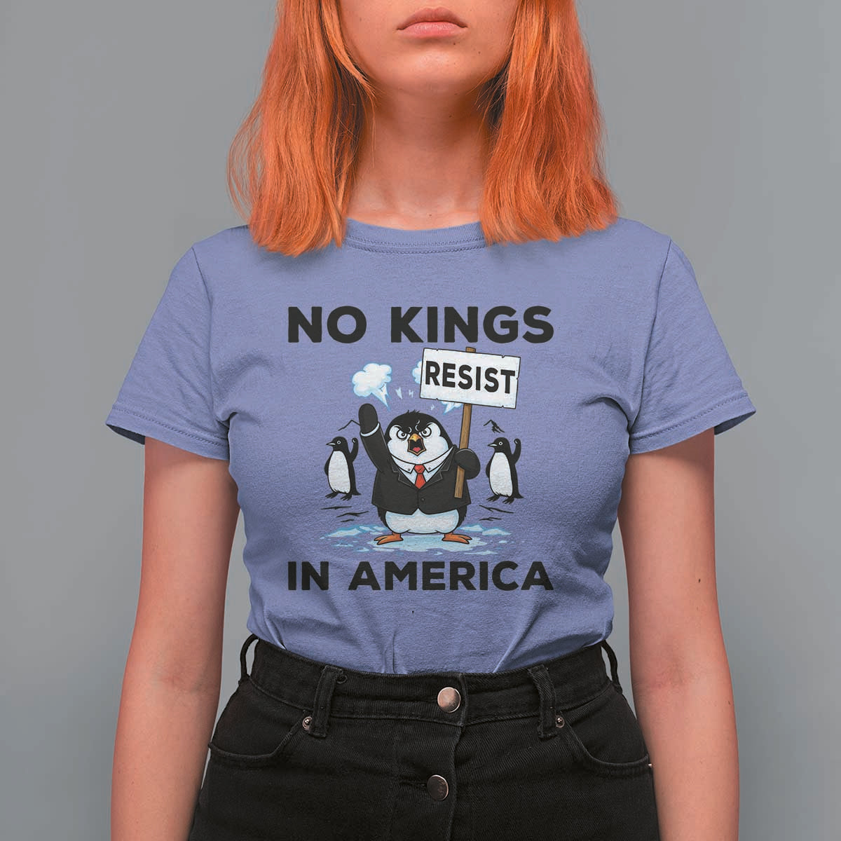 Funny Penguin Protest T Shirt For Women No Kings In America