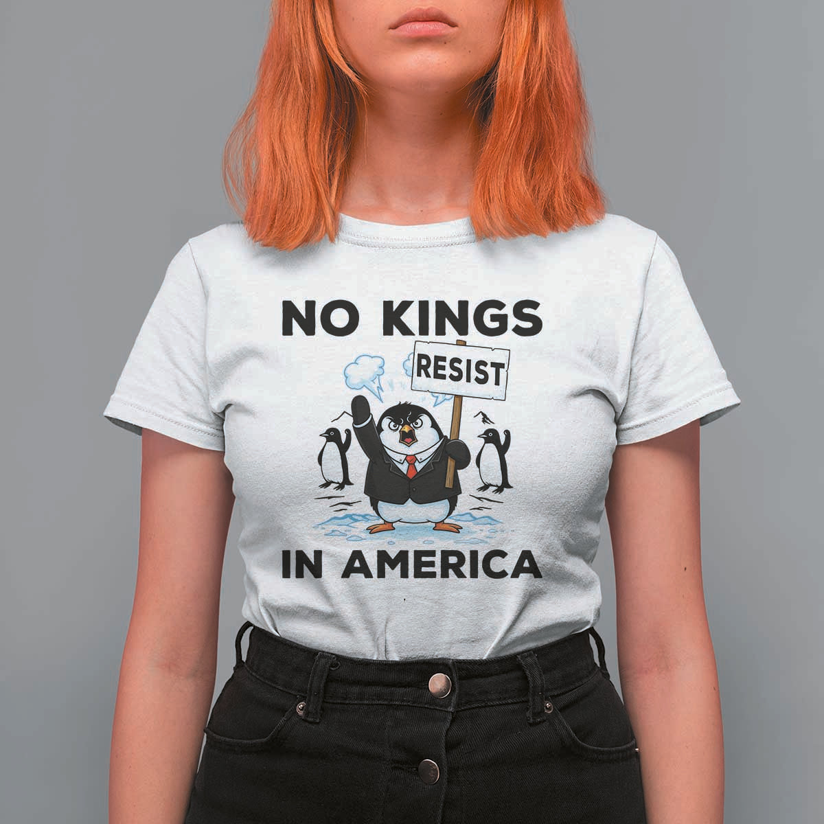 Funny Penguin Protest T Shirt For Women No Kings In America