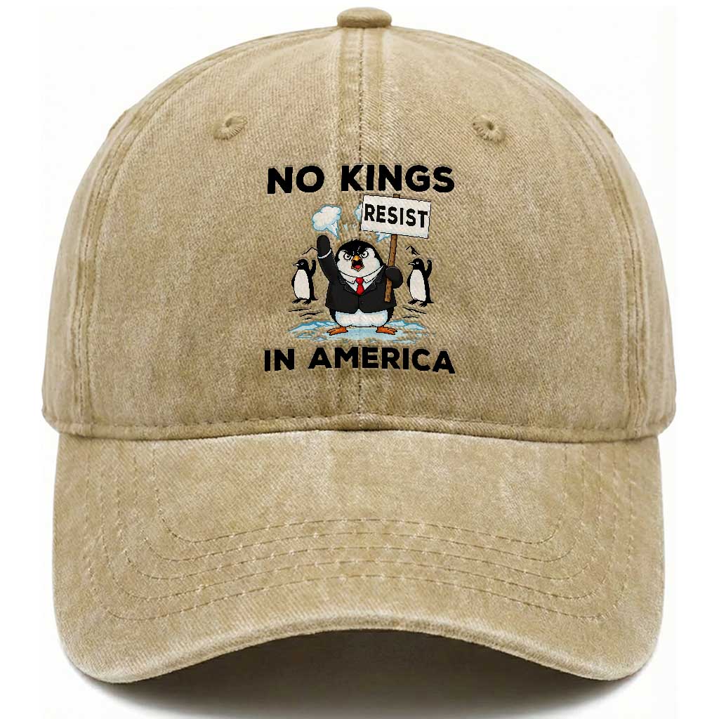 Funny Penguin Protest Washed Cotton Baseball Cap No Kings In America