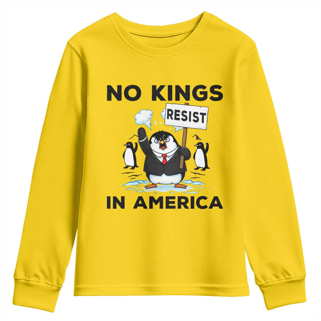 Funny Penguin Protest Youth Sweatshirt No Kings In America