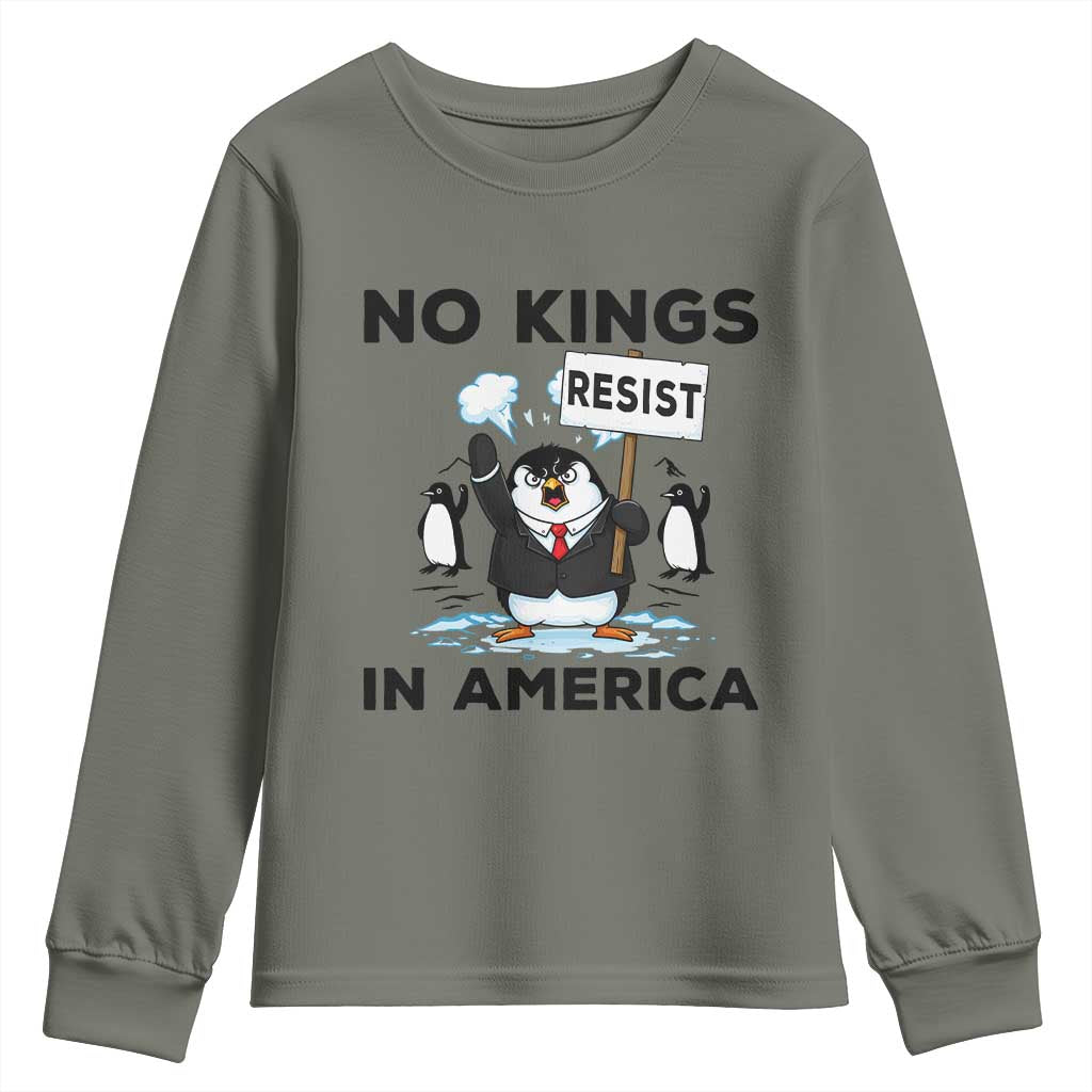 Funny Penguin Protest Youth Sweatshirt No Kings In America