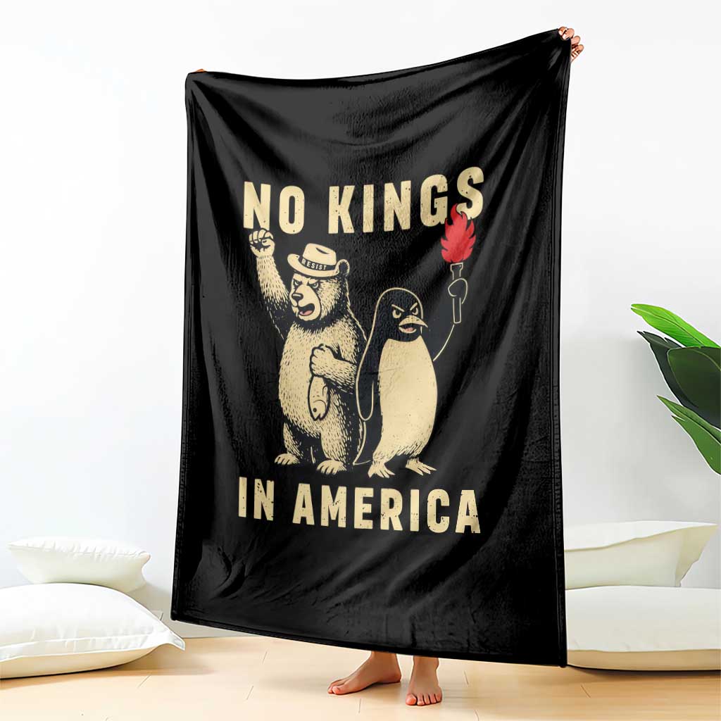 Funny Bear And Penguin Protest Throw Blanket No Kings In America