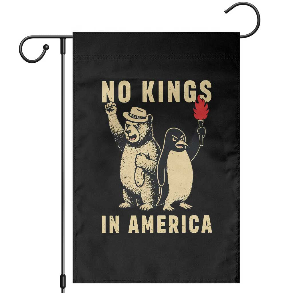 Funny Bear And Penguin Protest Garden Flag No Kings In America