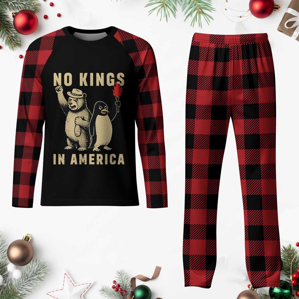 Funny Bear And Penguin Protest Plaid Pajama Set No Kings In America
