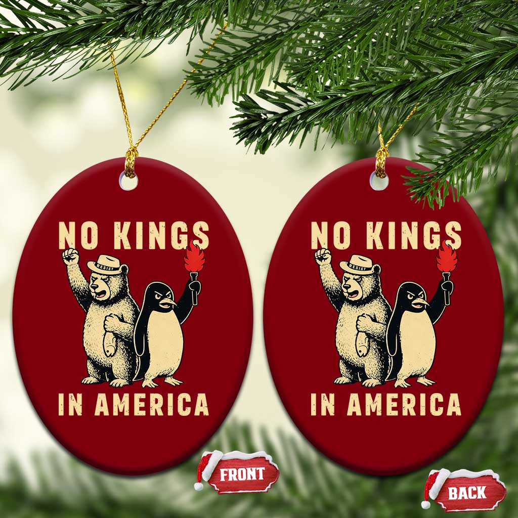 Funny Bear And Penguin Protest Ceramic Ornament No Kings In America