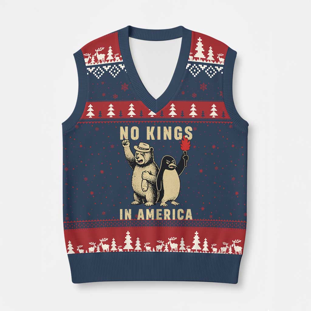 Funny Bear And Penguin Protest V-Neck Knit Sweater Vest No Kings In America