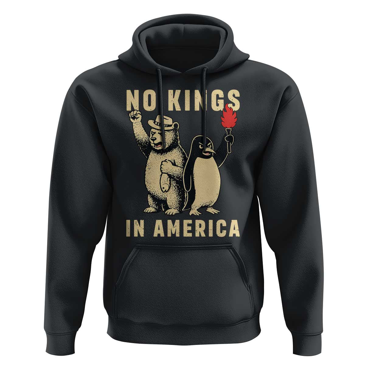 Funny Bear And Penguin Protest Hoodie No Kings In America