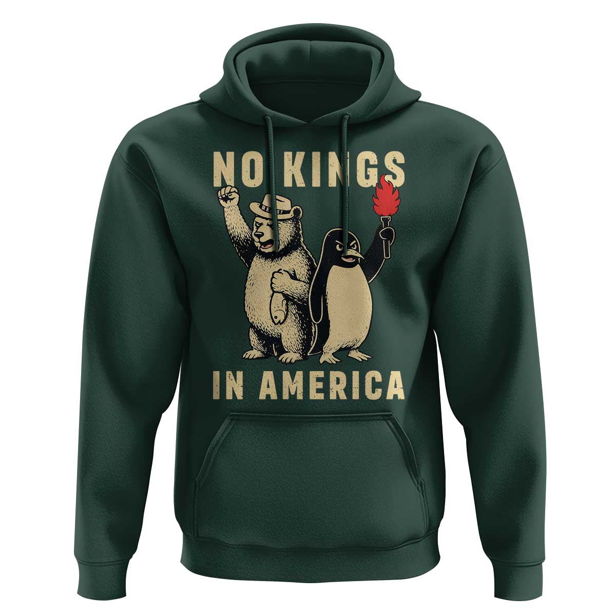 Funny Bear And Penguin Protest Hoodie No Kings In America