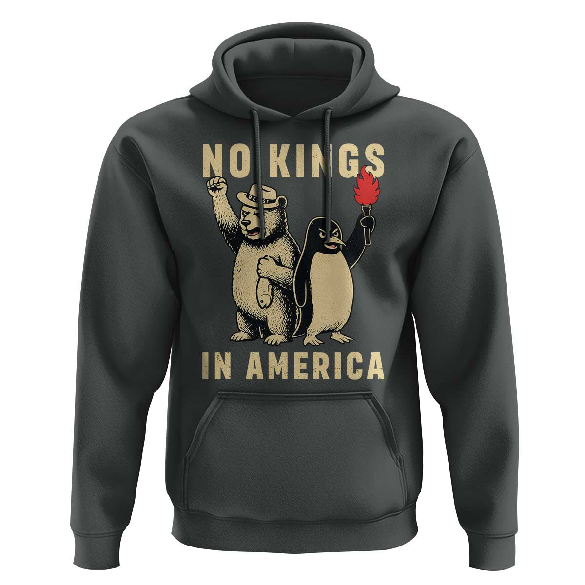 Funny Bear And Penguin Protest Hoodie No Kings In America