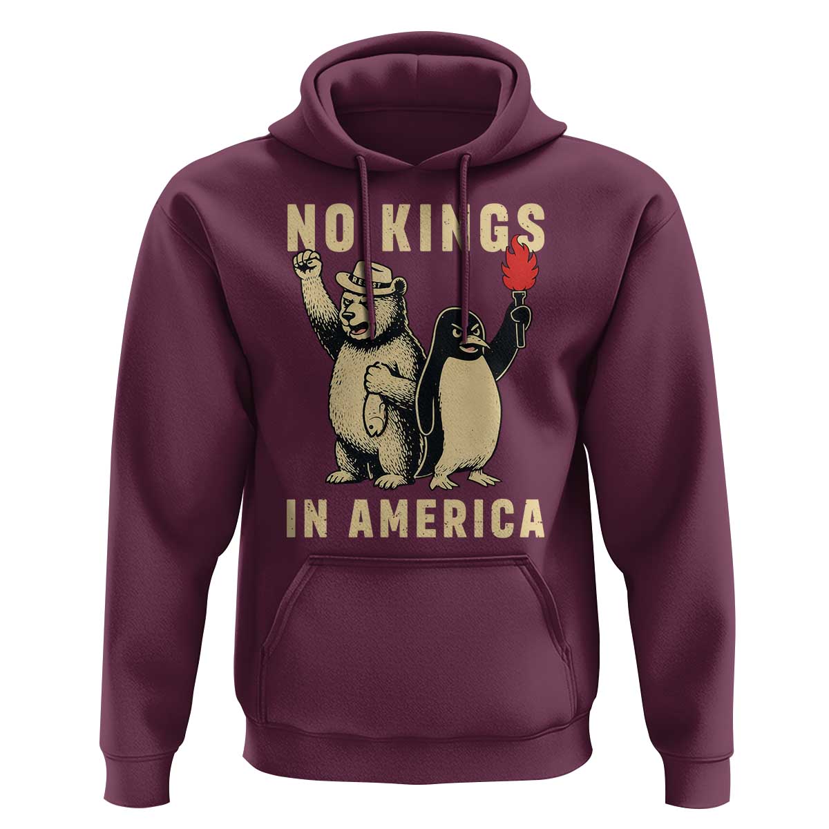 Funny Bear And Penguin Protest Hoodie No Kings In America