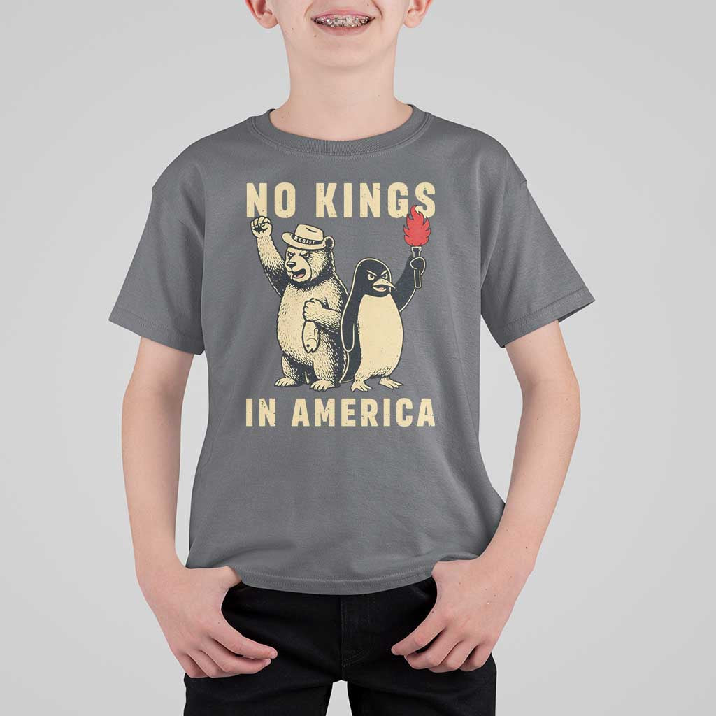 Funny Bear And Penguin Protest T Shirt For Kid No Kings In America