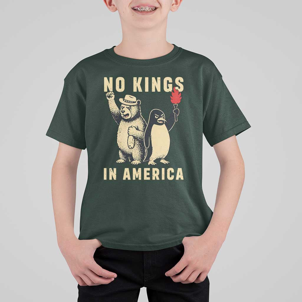 Funny Bear And Penguin Protest T Shirt For Kid No Kings In America
