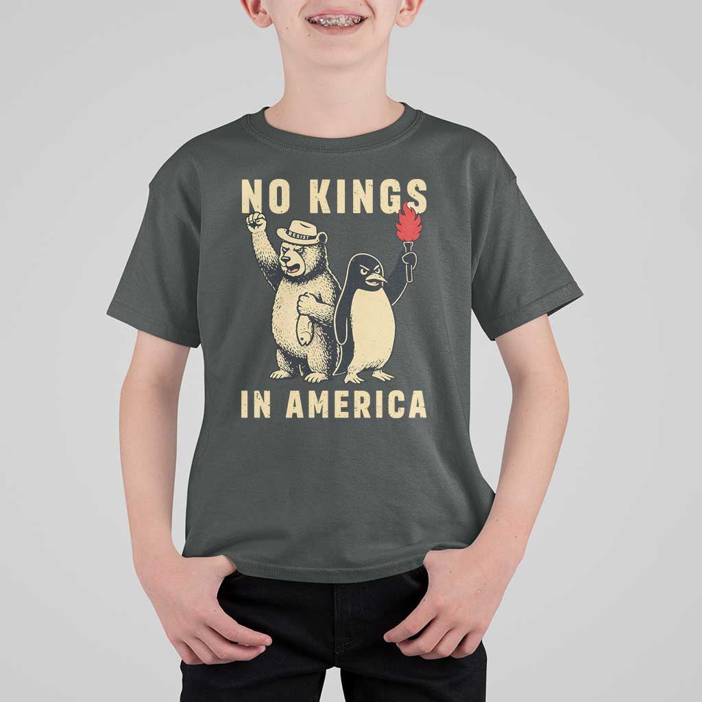 Funny Bear And Penguin Protest T Shirt For Kid No Kings In America