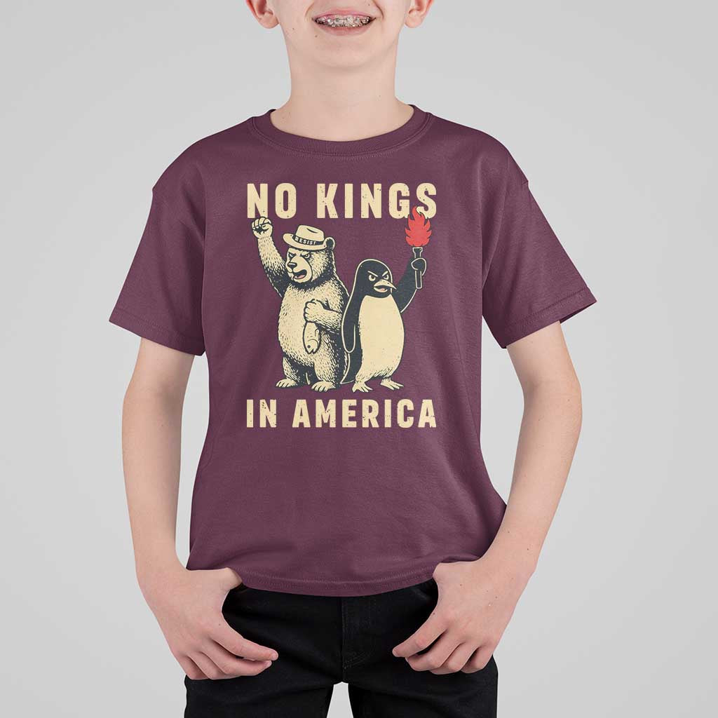 Funny Bear And Penguin Protest T Shirt For Kid No Kings In America