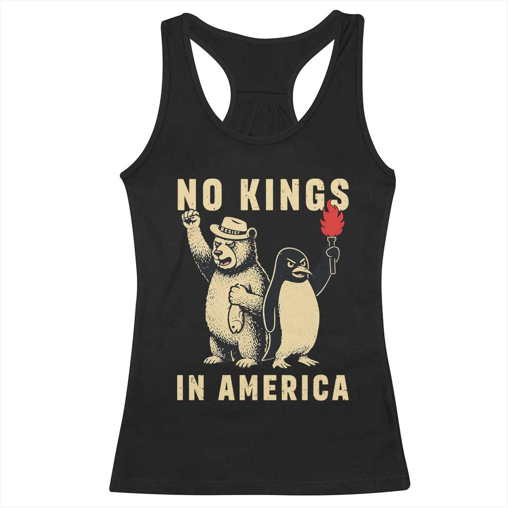 Funny Bear And Penguin Protest Racerback Tank Top No Kings In America