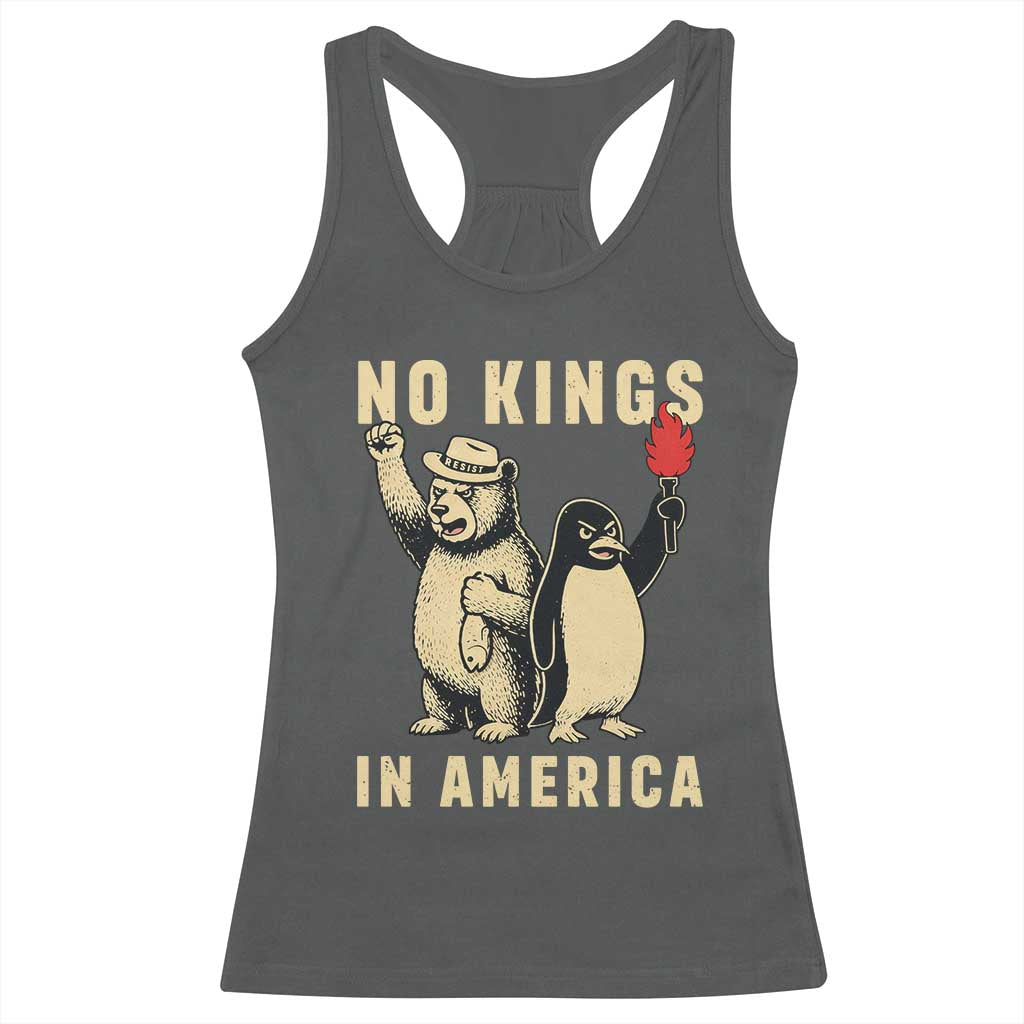 Funny Bear And Penguin Protest Racerback Tank Top No Kings In America
