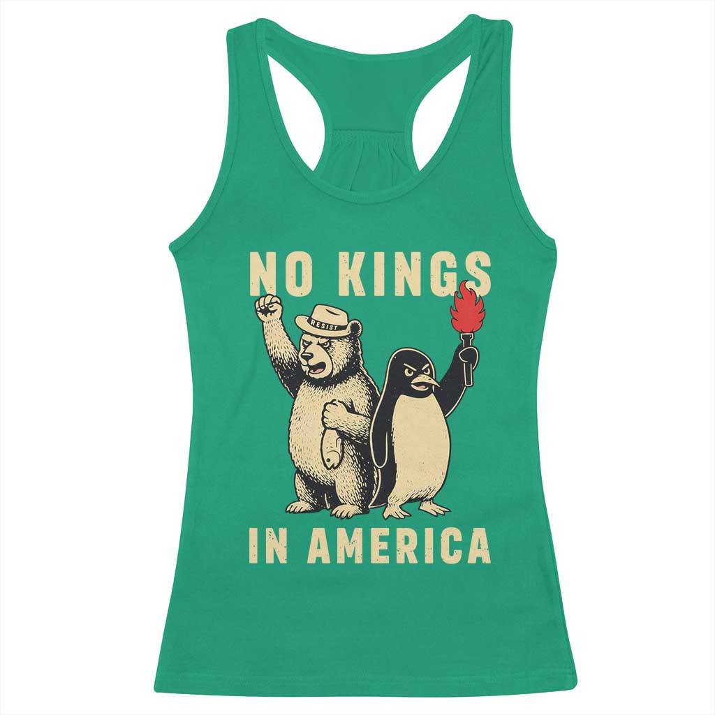 Funny Bear And Penguin Protest Racerback Tank Top No Kings In America