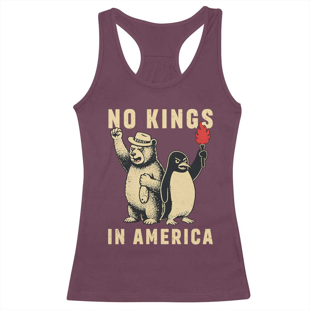 Funny Bear And Penguin Protest Racerback Tank Top No Kings In America