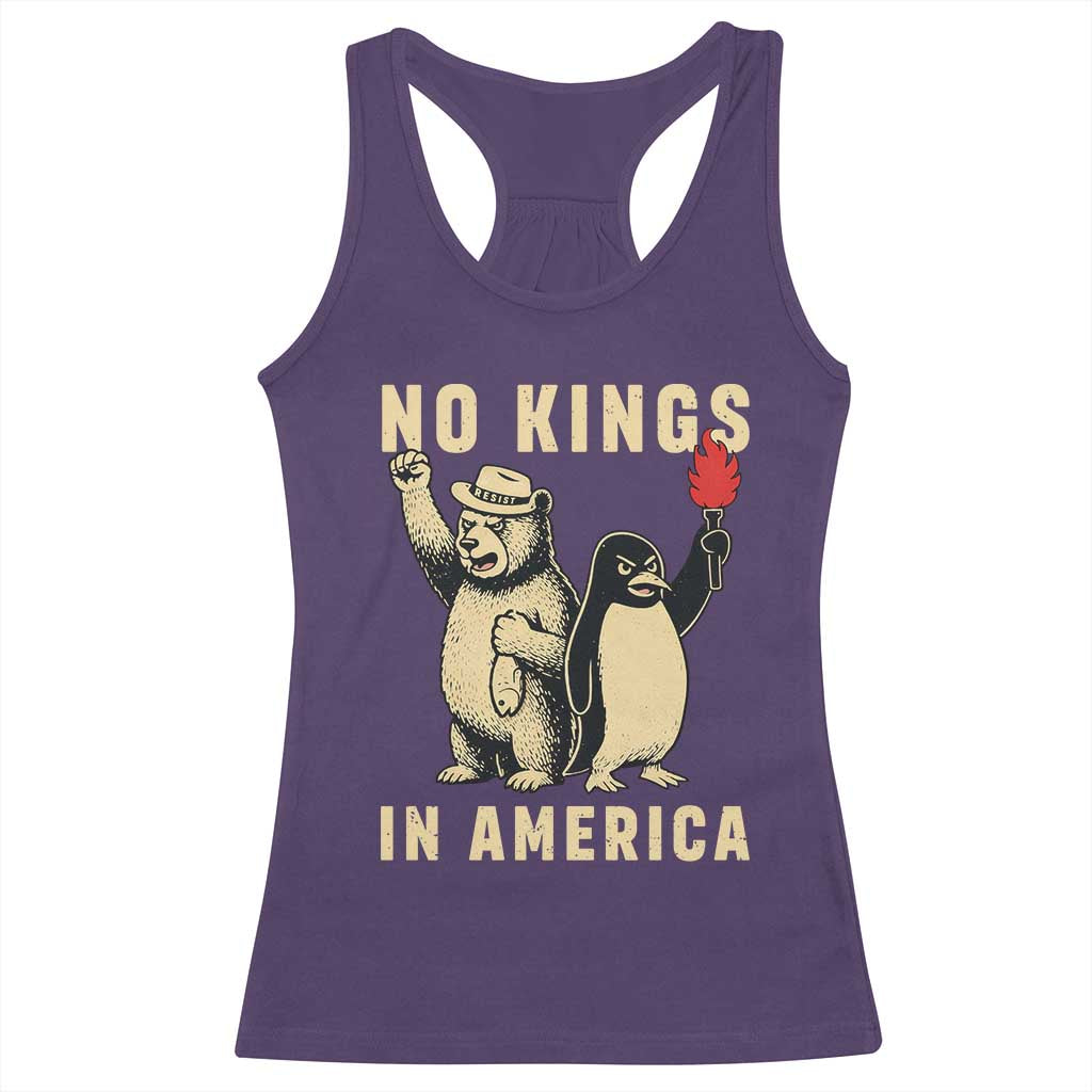 Funny Bear And Penguin Protest Racerback Tank Top No Kings In America
