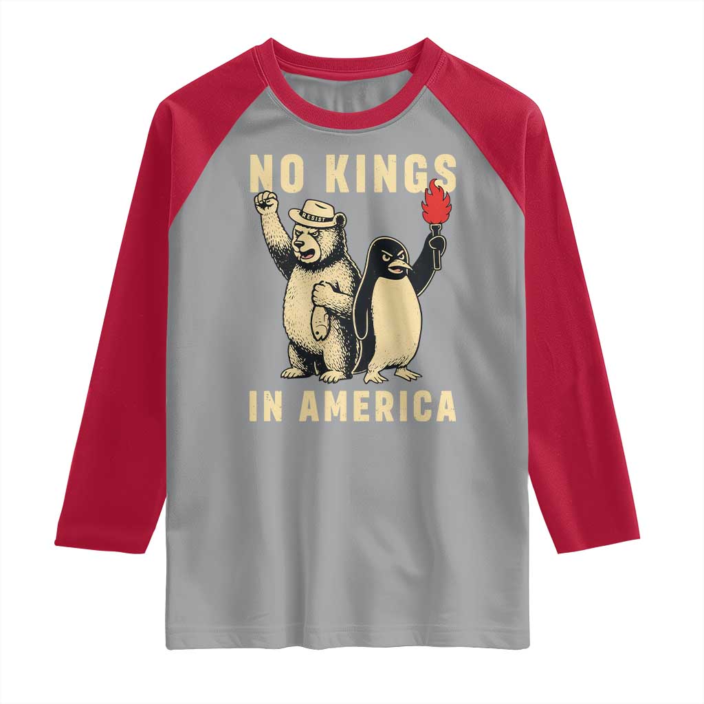Funny Bear And Penguin Protest Raglan Shirt No Kings In America