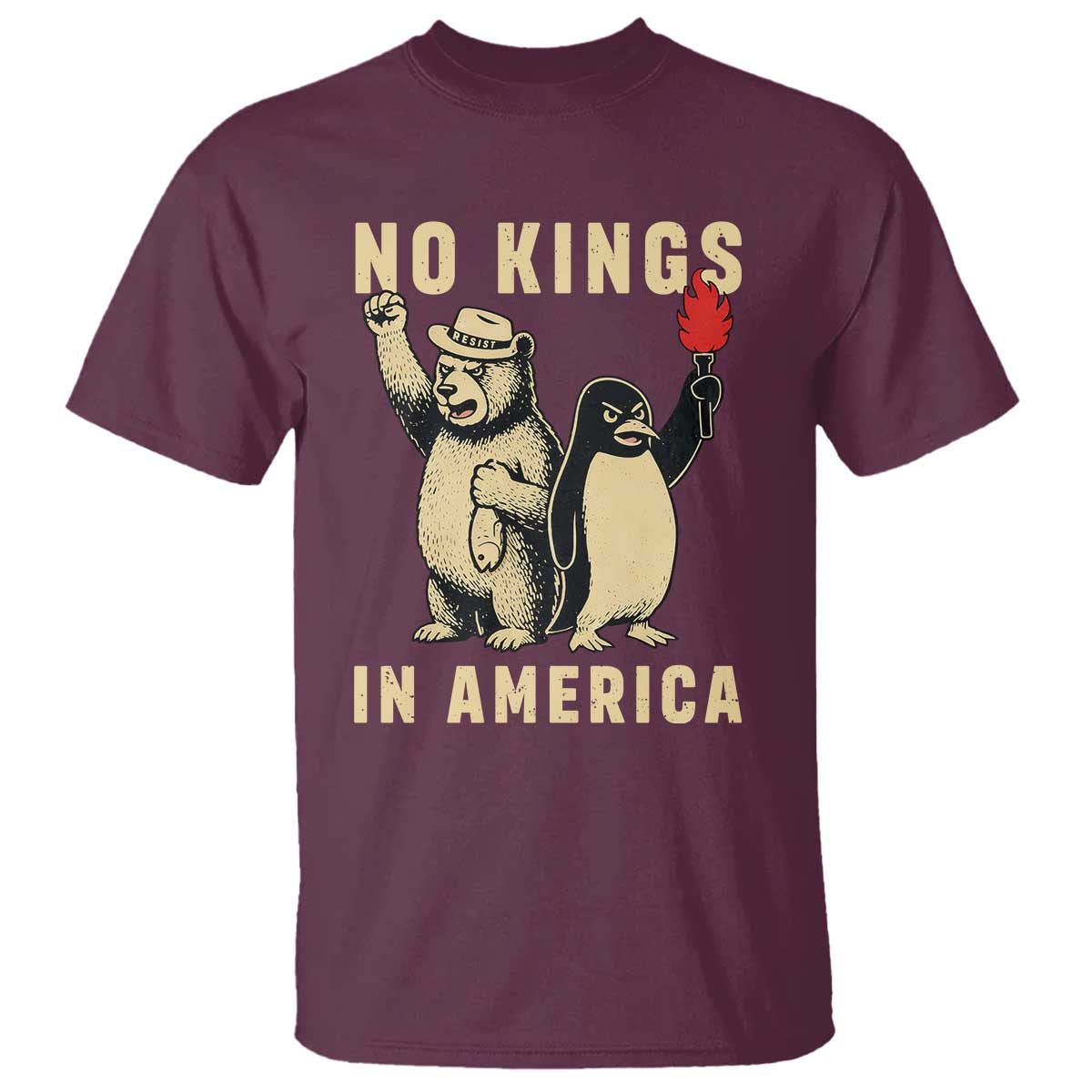 Funny Bear And Penguin Protest T Shirt No Kings In America